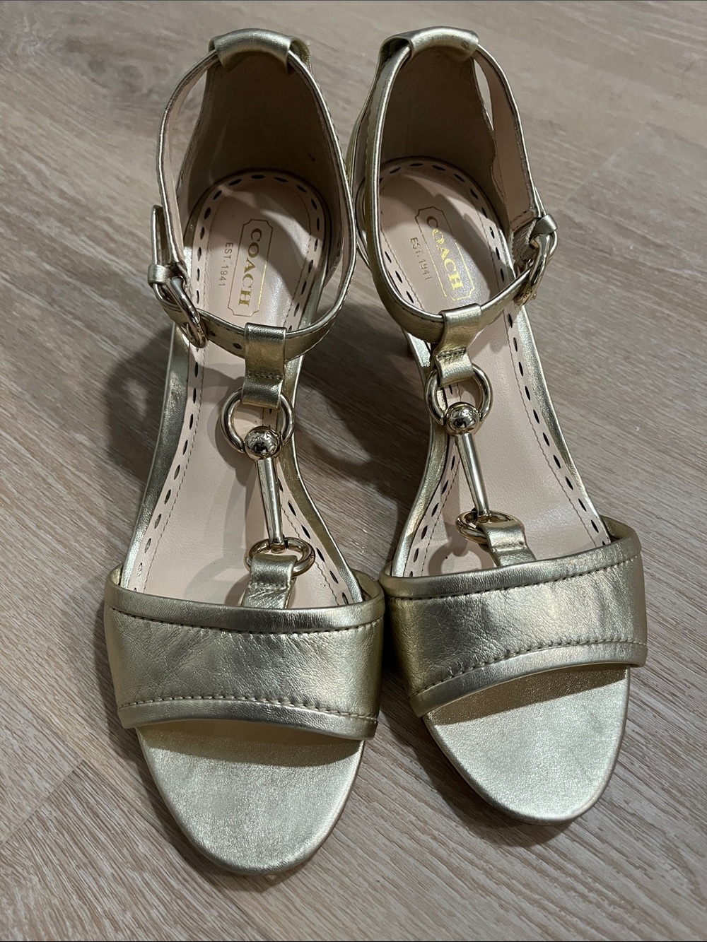 Coach Metallic Gold Leather Horsebit T-Strap Heels Size 7